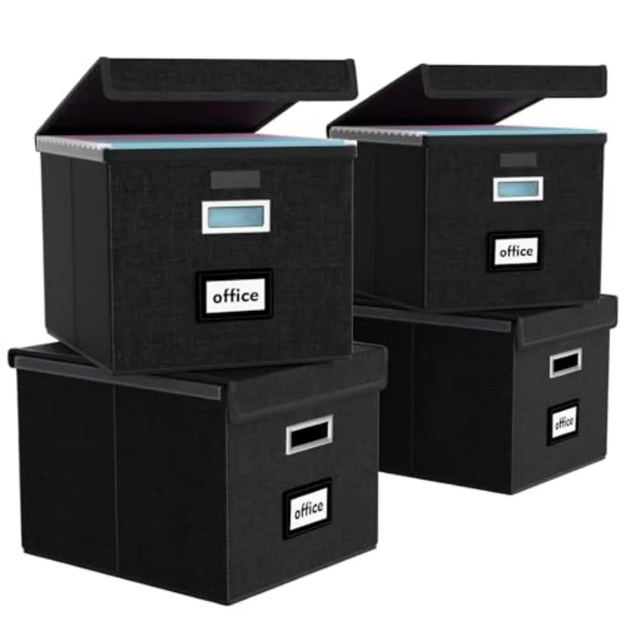 

New Portable File Organizer Boxes Set of 4, Collapsible Linen Hanging Filing Storage Boxes with Plastic Slide, Decorative Home/