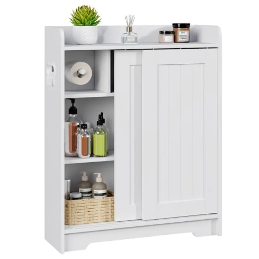 Bathroom Floor Cabinets, Slim Bathroom Storage Cabinet with Sliding Door, Ideal for Toilet Paper Holder, Adjustable Shelves, Ne