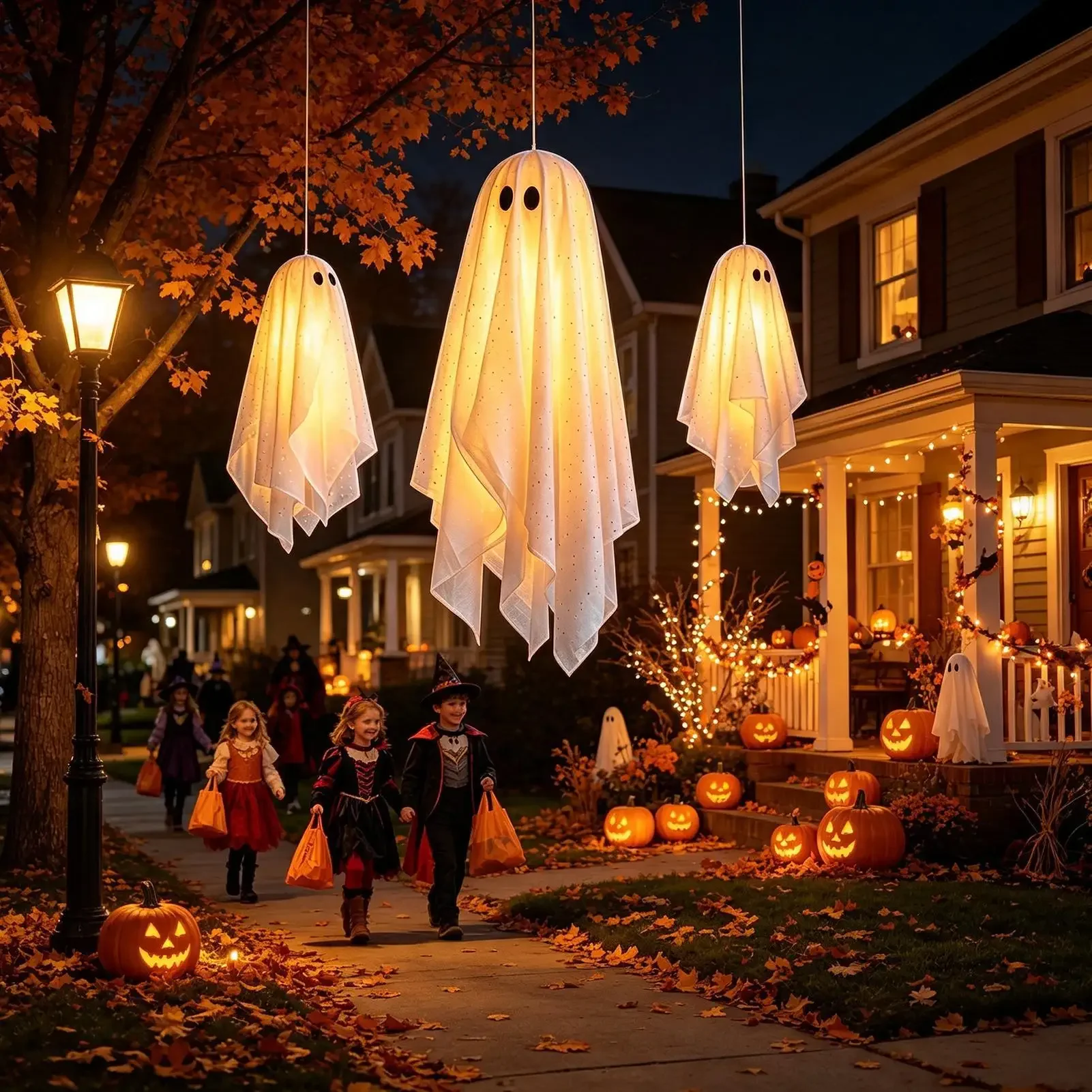 Halloween Hanging Ghost Light 3 Pieces 3-Level Spooky Mini lamp Decoration Outdoor lighting for Garden lawn porch home door