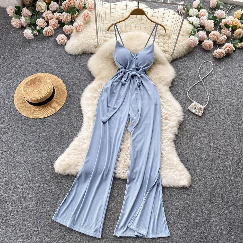 Fashionable Commuter Style Solid Color Suspender Jumpsuit Women's Summer New Lace up Waist Slimming Wide Leg Casual Rompers