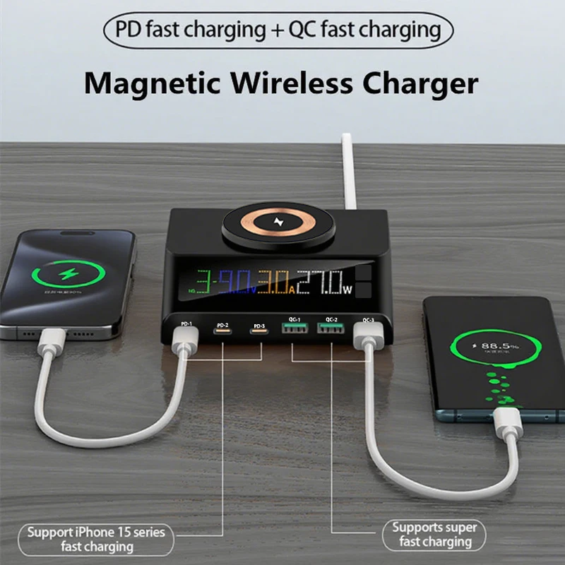1080 واط USB C GaN شاحن شاشة ديجيتال 100 واط PD3.1 PPS QC3.0 محطة شحن لاسلكية مغناطيسية لأجهزة الكمبيوتر المحمول اللوحي جميع الهواتف