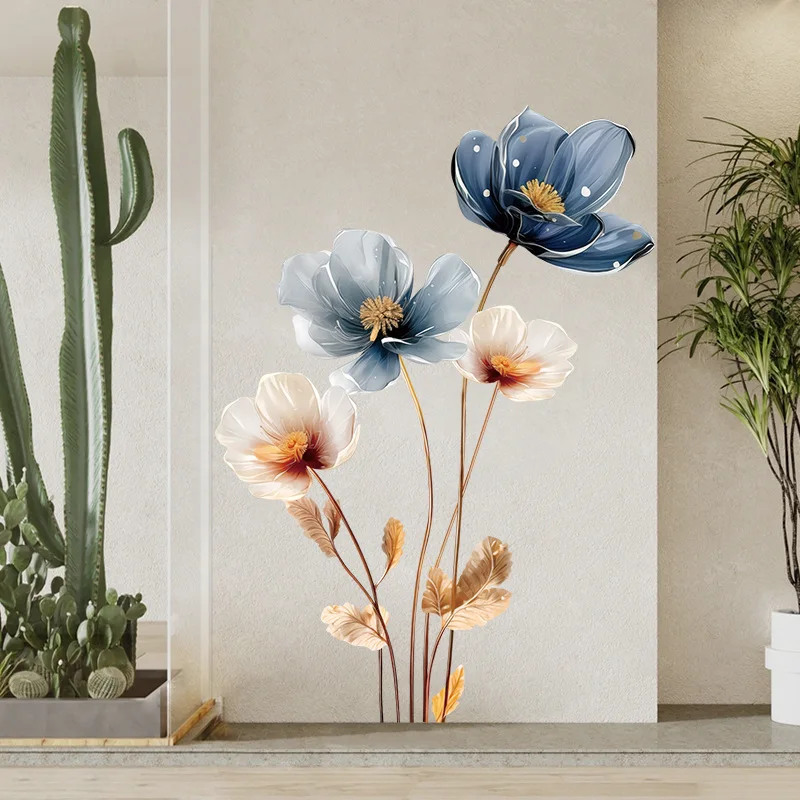 Pegatinas de pared de PVC de vinilo Retro de loto 3D, decoración de pared de flores para sala de estar y dormitorio, papel tapiz estético, decoración del hogar, pegatinas de flores