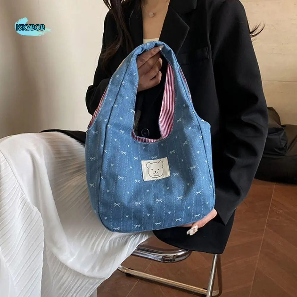 

Портативная джинсовая сумка-ведро в корейском стиле, милая джинсовая сумка с бантом, ковбойская повседневная милая сумка на запястье, уличная