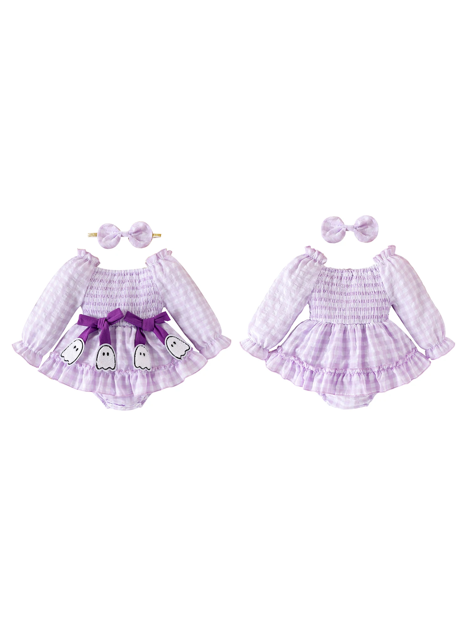 Halloween-Stramplerkleid für Babys und Mädchen mit Schleife und Stirnband, langärmelig, karierter Druck, elastischer Ausschnitt – Detail 3