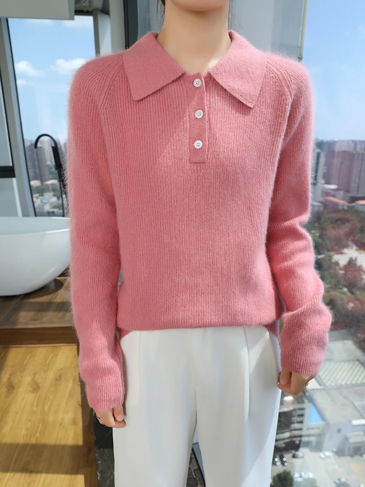 

TLOML Women 100% Mink Cashmere Sweatetr Turn-Down Collar Half Buttons Knitwear Pullover Autumn Winter Soft Warm Long Sleeve Tops