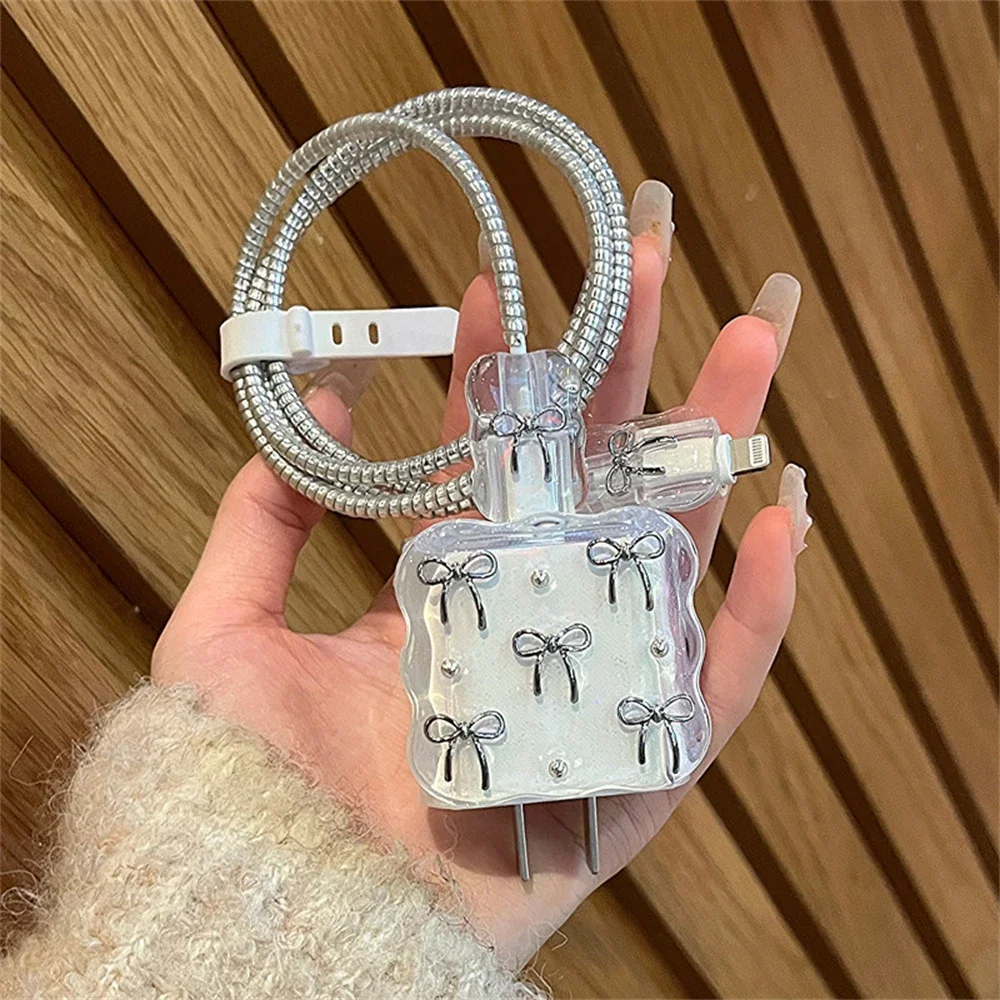 Cute 3D Clear Bowknot Pearl USB Cable Protective Cover for IPhone 18W/20W Data Line Bite Head Cord Fast Charging Protector Case