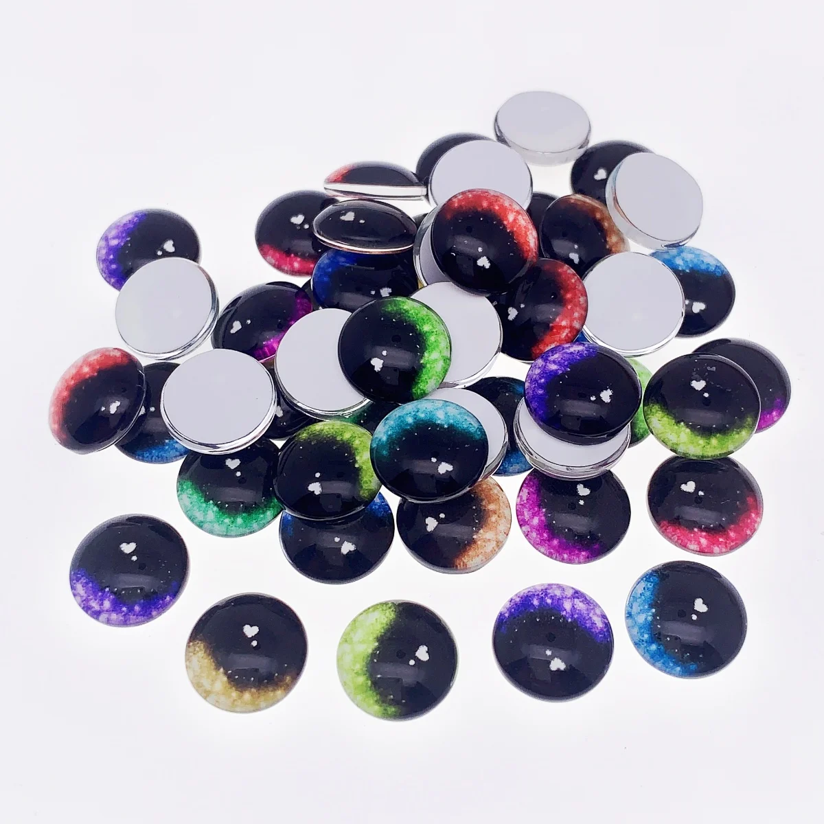 50pcs 8mm 10mm 12mm Mixed Star Heart Toys Dolls Eyes Round Glass Cabochons Flatback Photo DIY Accessories Base Tray Paired