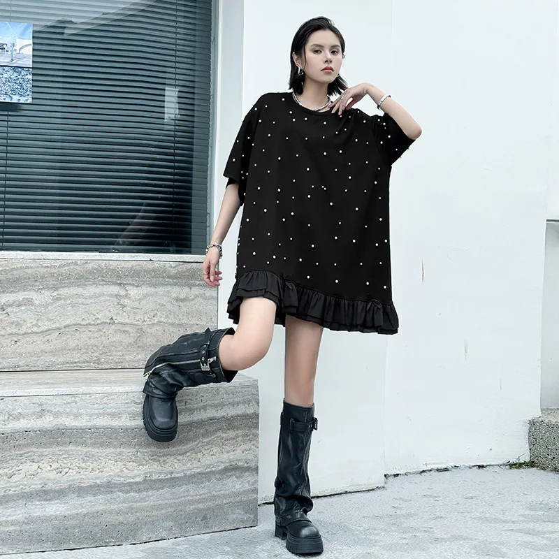 Tannt femmes robe volants Patchwork perles mode t-shirt robes pour femmes décontracté ample noir été t-shirt robes 2025 nouveau