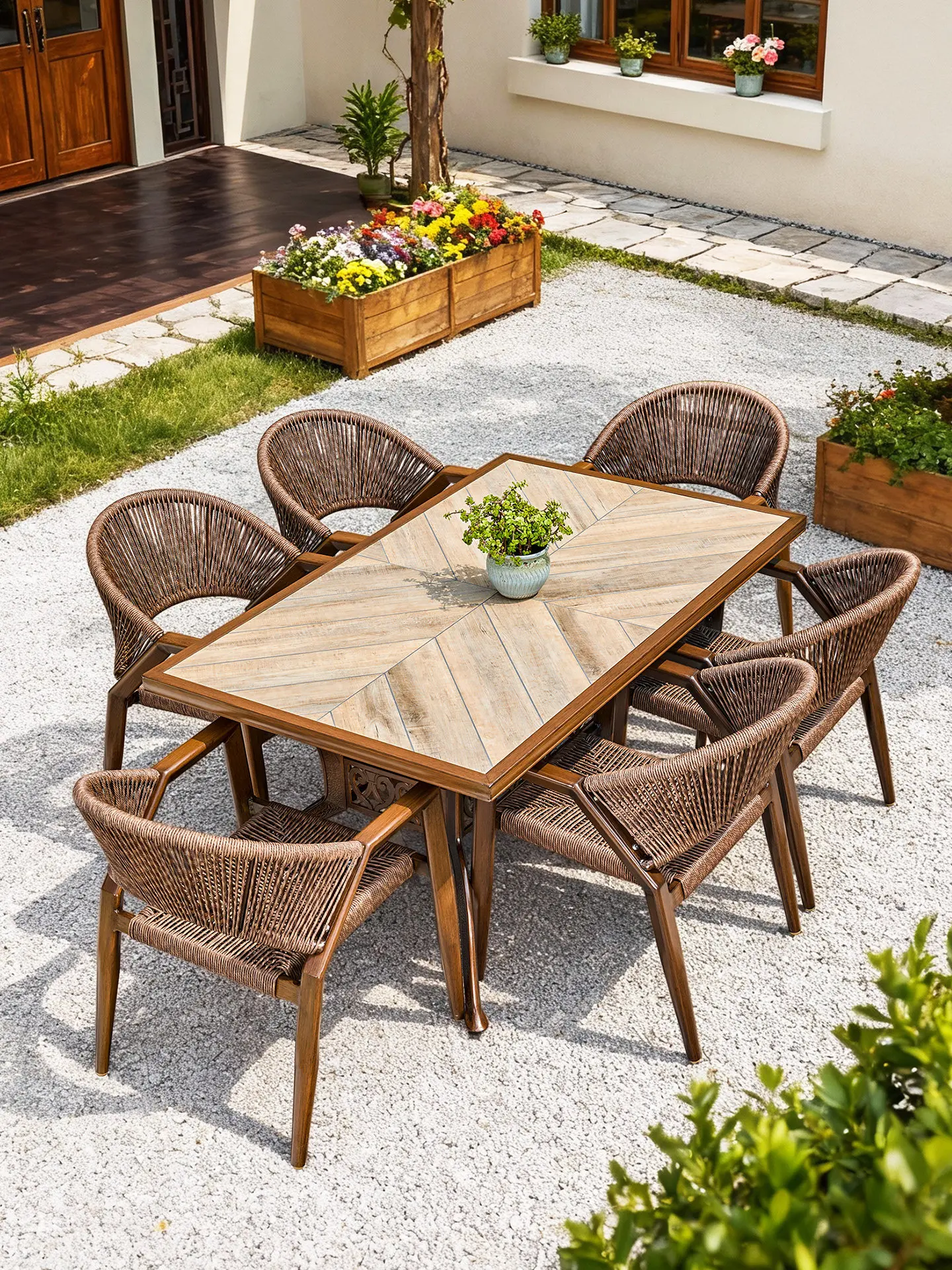 Rattan table and chair set Courtyard villa leisure table and chair combination Terrace simple wood grain color set