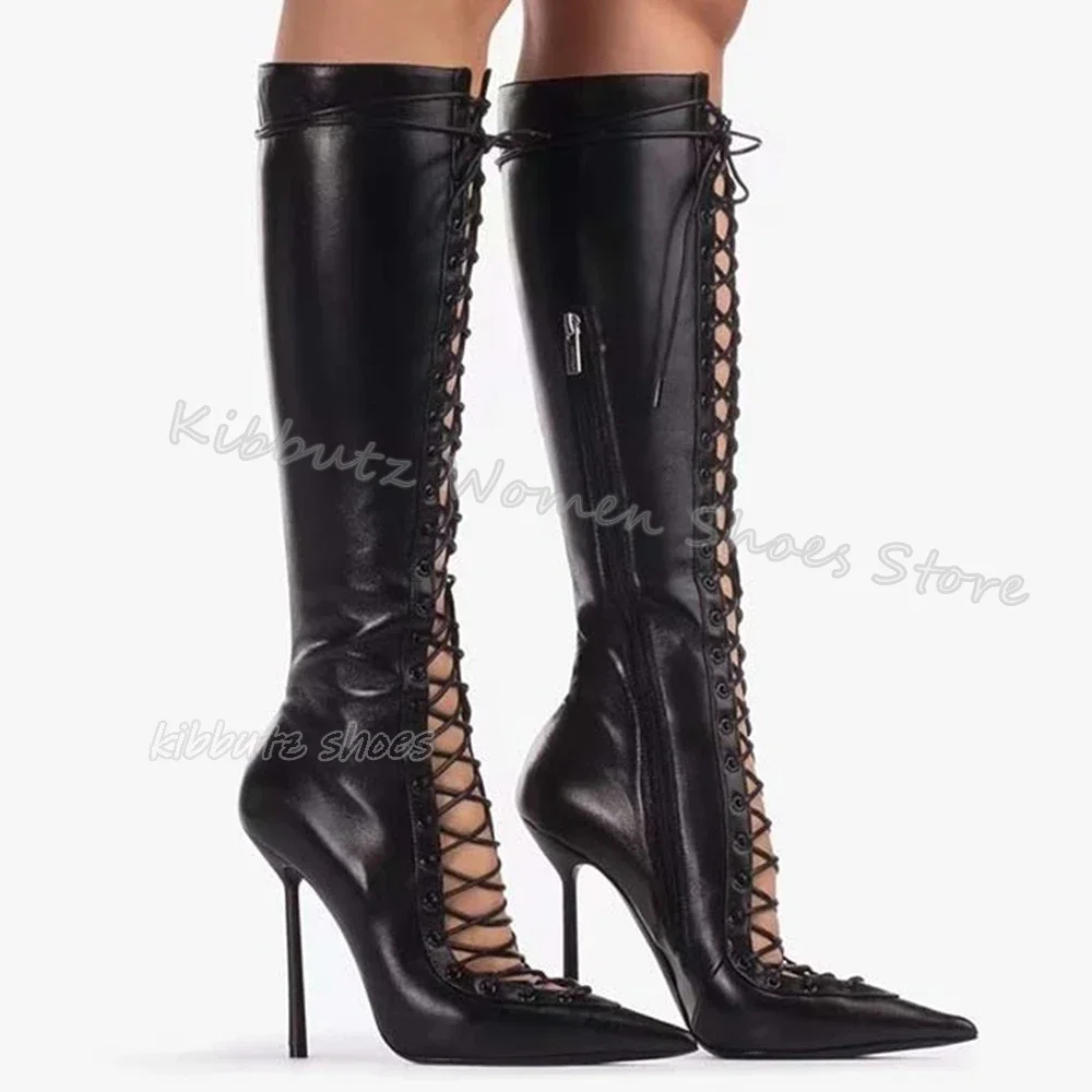 Hollow Knee High Boots Leather Solid Color Novelty Fashion Elegant Sexy Luxury Concise Women Shoes Pointed Toe Thin Heel Newest - Image 3