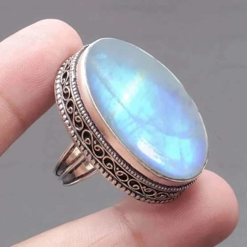 Anillo de piedra lunar arcoíris, anillo de color plateado, anillo llamativo de piedra lunar, anillo de piedra grande, hermoso anillo, regalo para ella