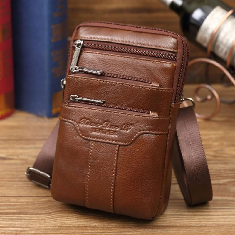 Fashion Men Waist Bag Genuine Leather Cell/Mobile Phone Coin Purse Pocket Shoulder Belt Bag Military Male Crossbody Bag