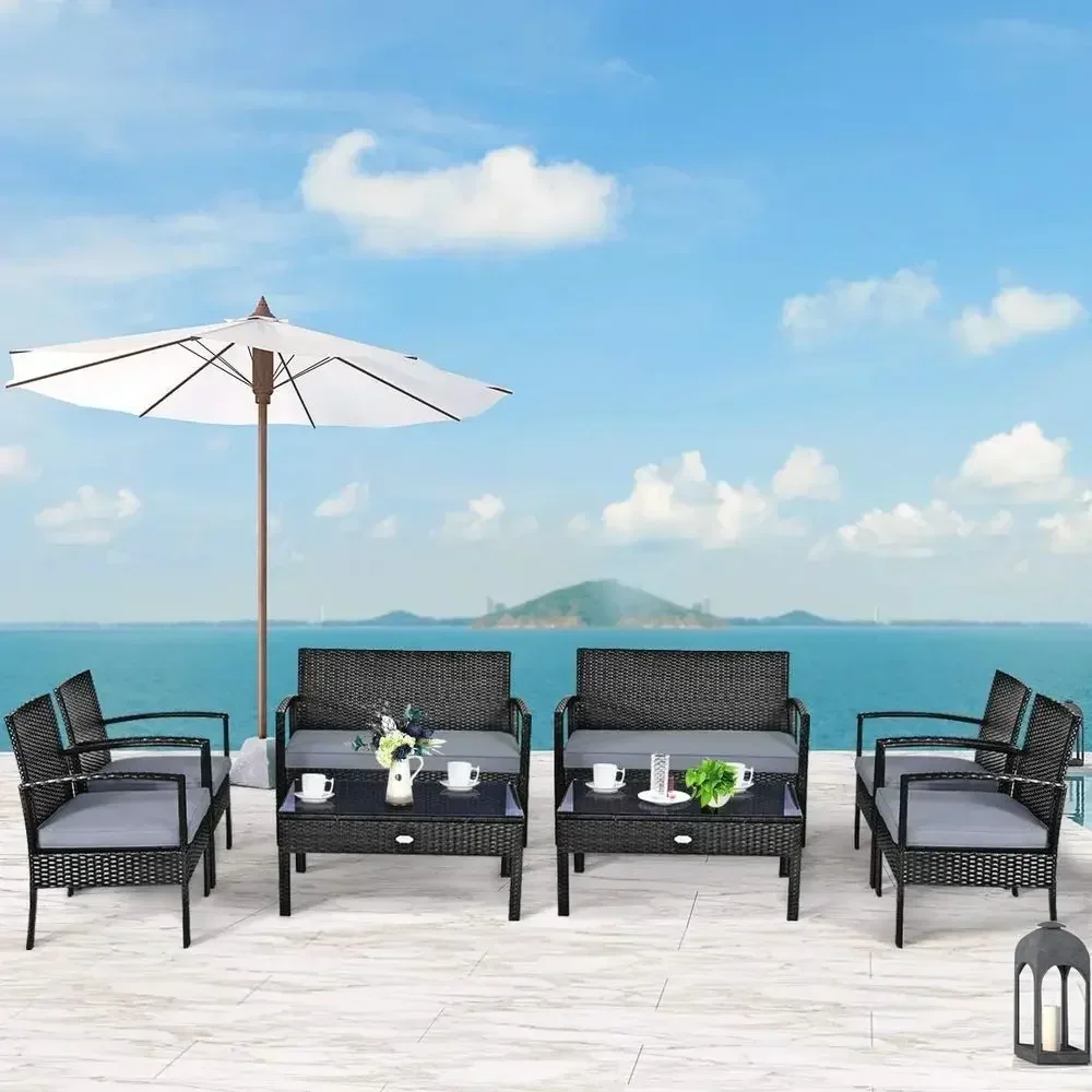 8-Piece Outdoor Patio Furniture Set with Wicker Chairs, Gray Cushions, and Tempered Glass Table for Backyard, Balcony, or Porch