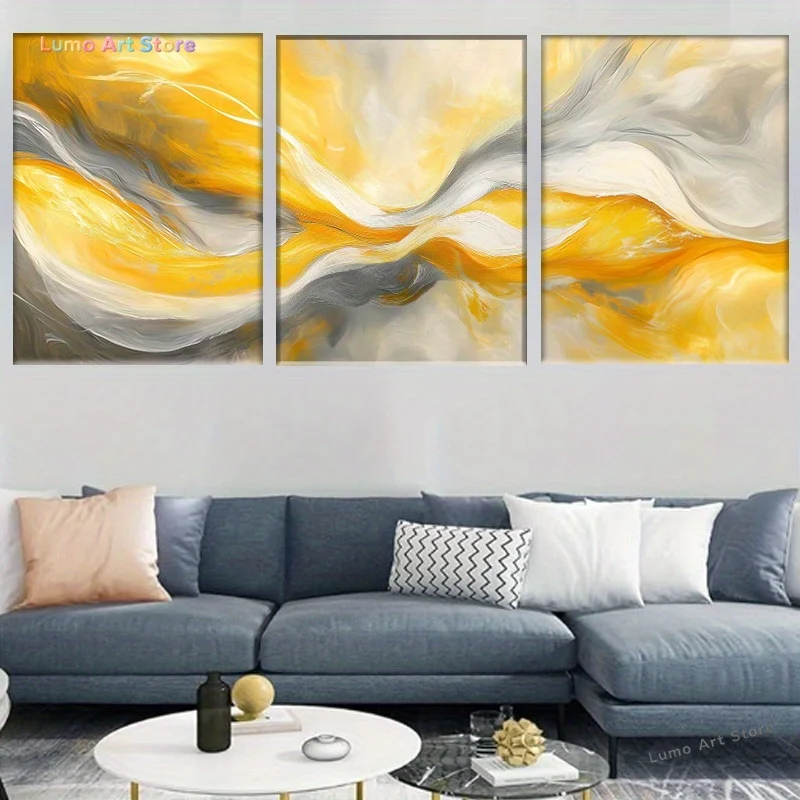 3pcs Abstract Yellow and Gray 3pcs Framed Canvas Wall Art - Modern Geometric Design, a must-have for your home decor, bedroom
