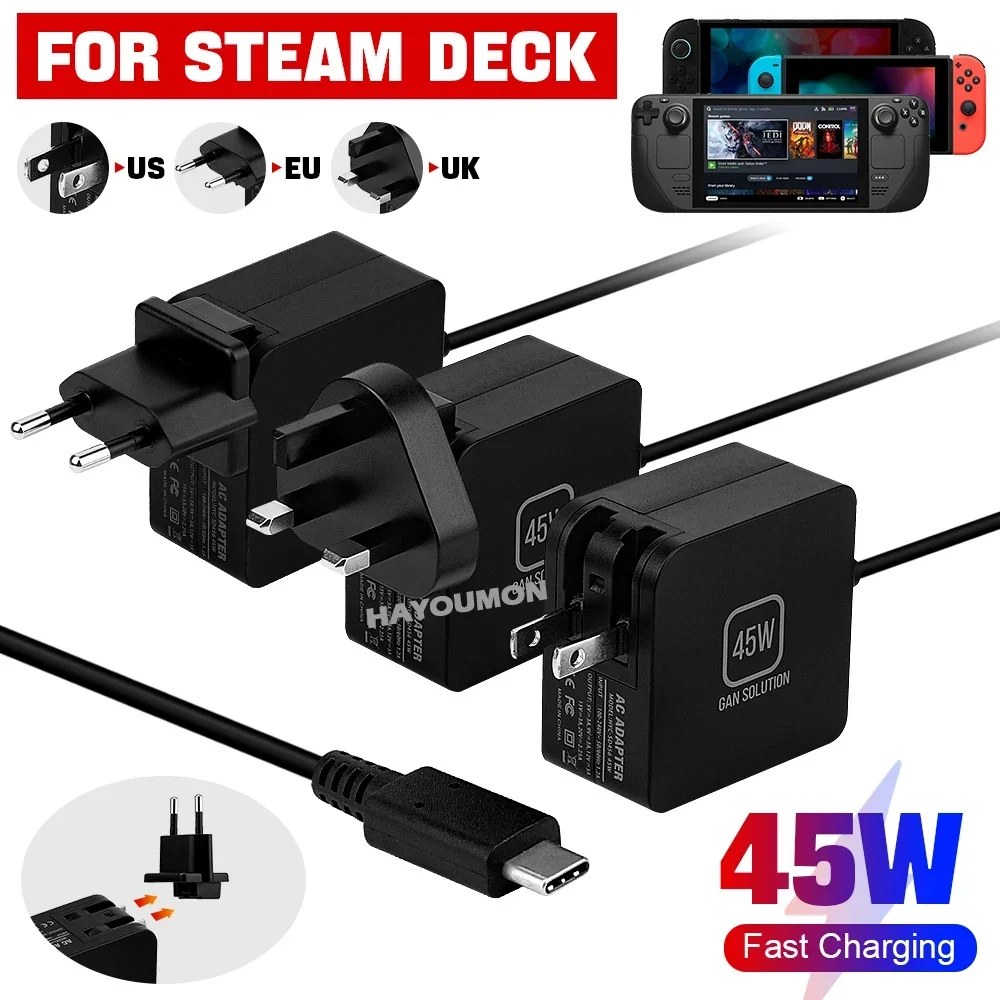 

Быстрое зарядное устройство 45 Вт с вилкой EU/US/UK, USB Type-C, блок питания для Steam Deck, Switch, игровые аксессуары