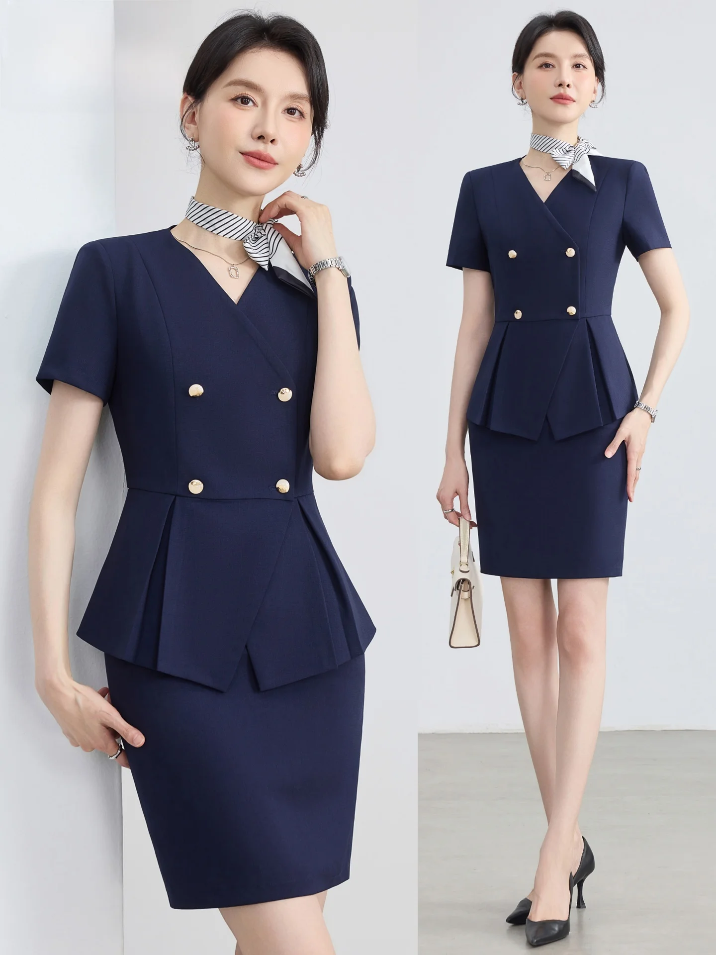 

Slim Fit Blue Suit Set for Women Summer Thin High End Professional Hotel Front Desk Jewelry Store Beauty Salon Work Uniform
