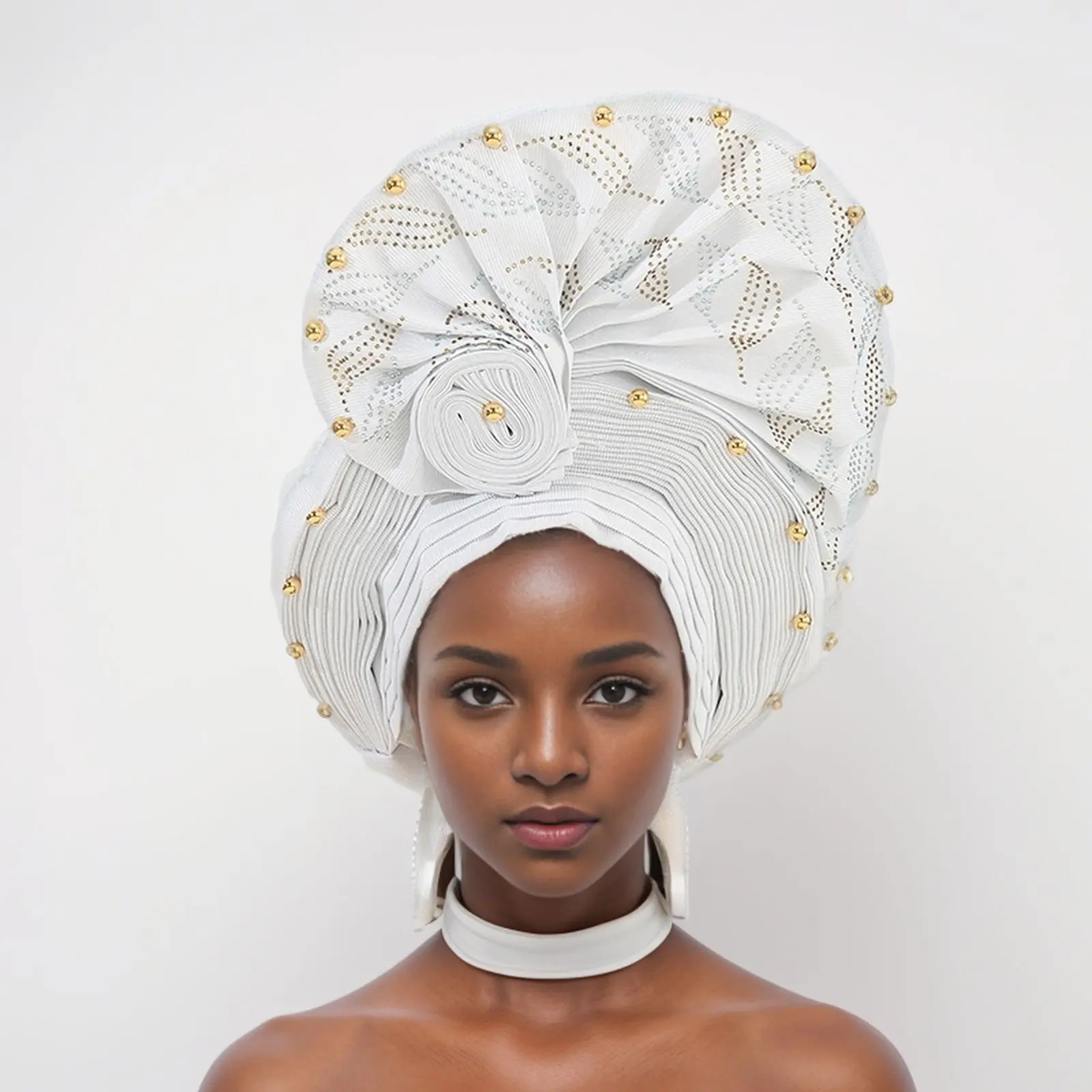 High Quality African Nigeria Wedding Gele with Stones Headband Turban Head Scarf Hat Auto Gele Headtie Aso Oke Bonnet Head Wrap