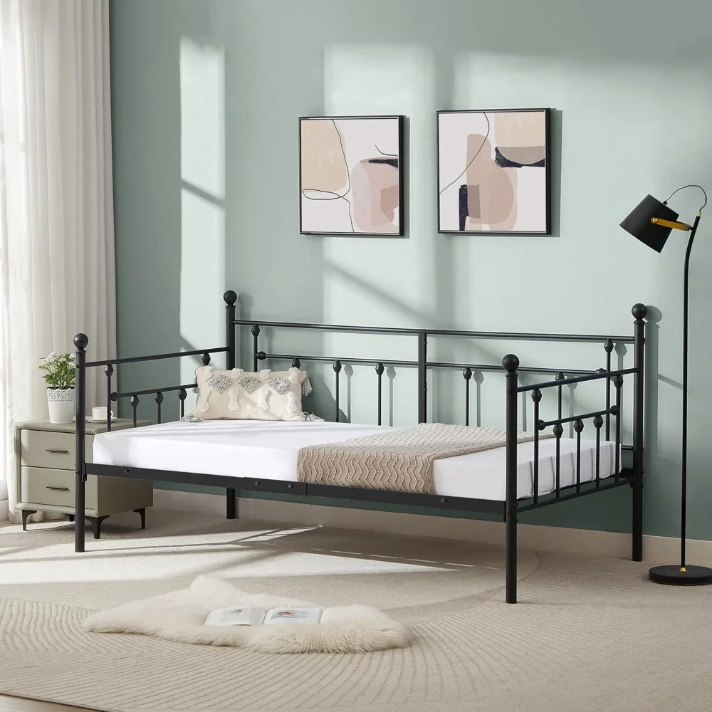 سرير نهاري معدني مزدوج الحجم مع لوح رأسي، وسرير أريكة بمنصة لغرفة المعيشة أو غرفة الضيوف، ودعم شرائح فولاذية شديدة التحمل #5