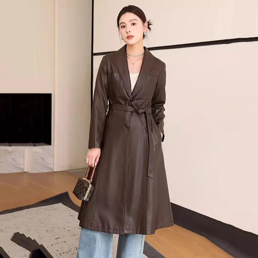 New Women Spring Autumn Leather Coat Fashion Turn-down Collar Single Breasted Slim Sheepskin Coat Split Leather Long Trench Coat