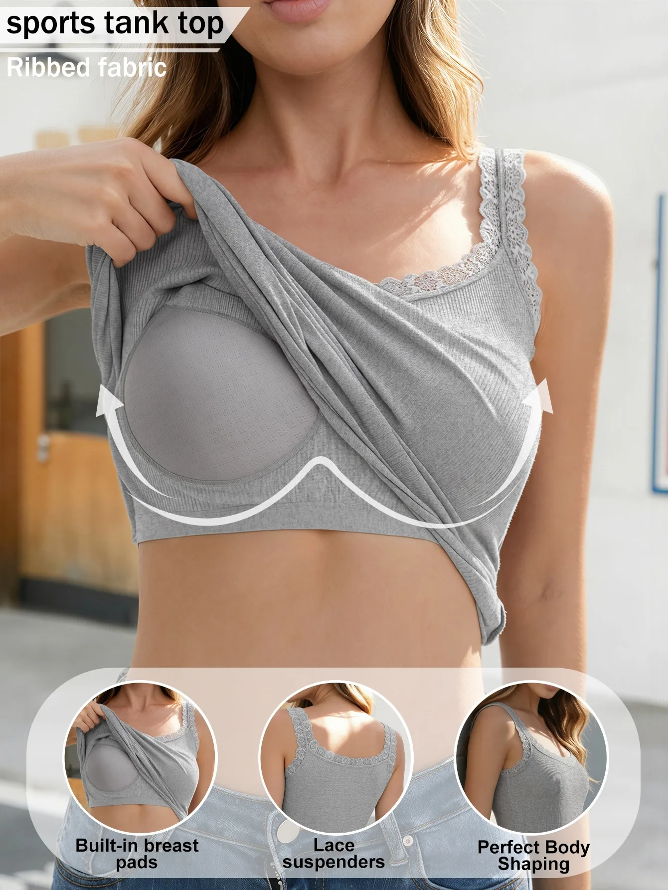Women's ribbed camisole with lace straps, built-in padding, wire-free design, suitable for multiple occasions