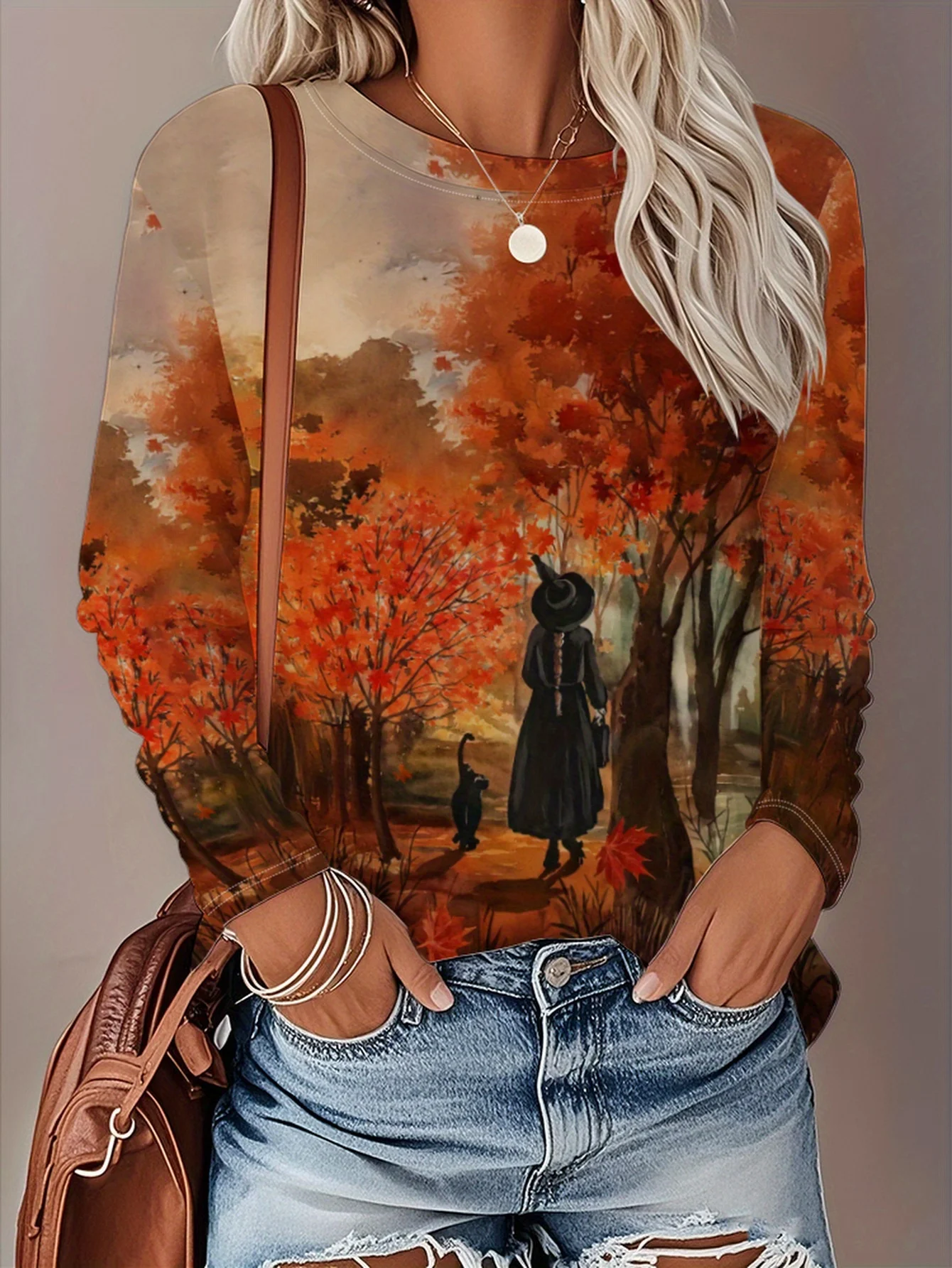 Women Round Neck Long Sleeve T-shirt Fashion New Street Top Halloween Forest Print Casual Spring Autumn Ladies Daily Wear