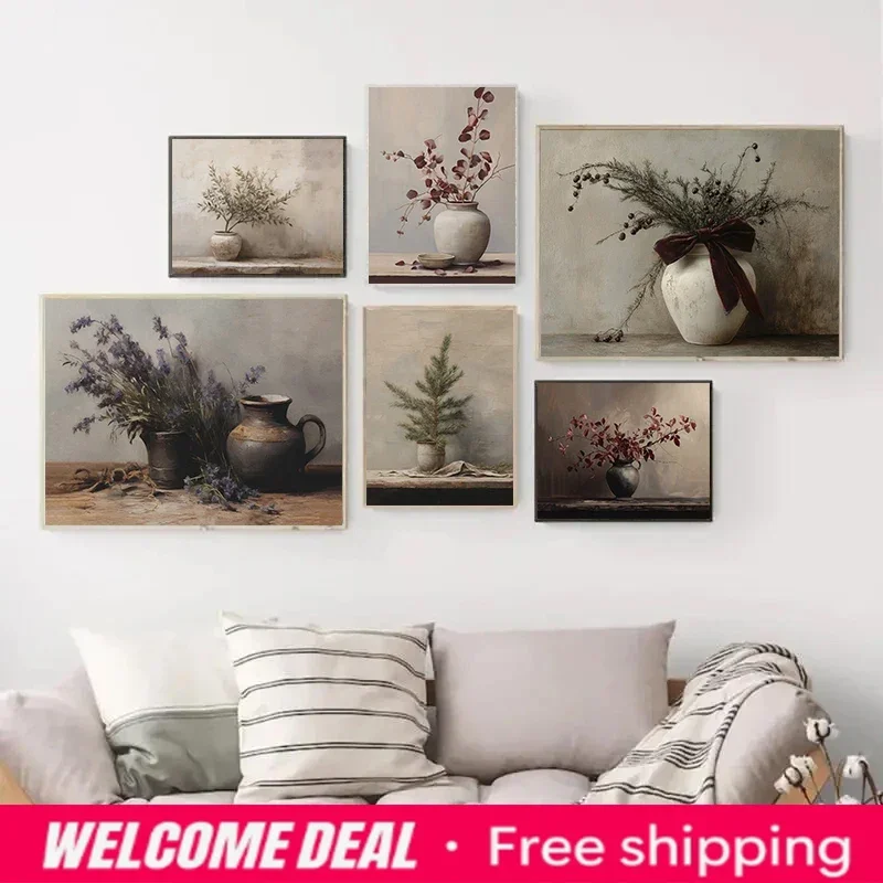 2026  Canvas Painting Vintage Flower Plant Art Still Life Ceramic Vase Poster Print Wall Art Picture Living Room Home Decor W