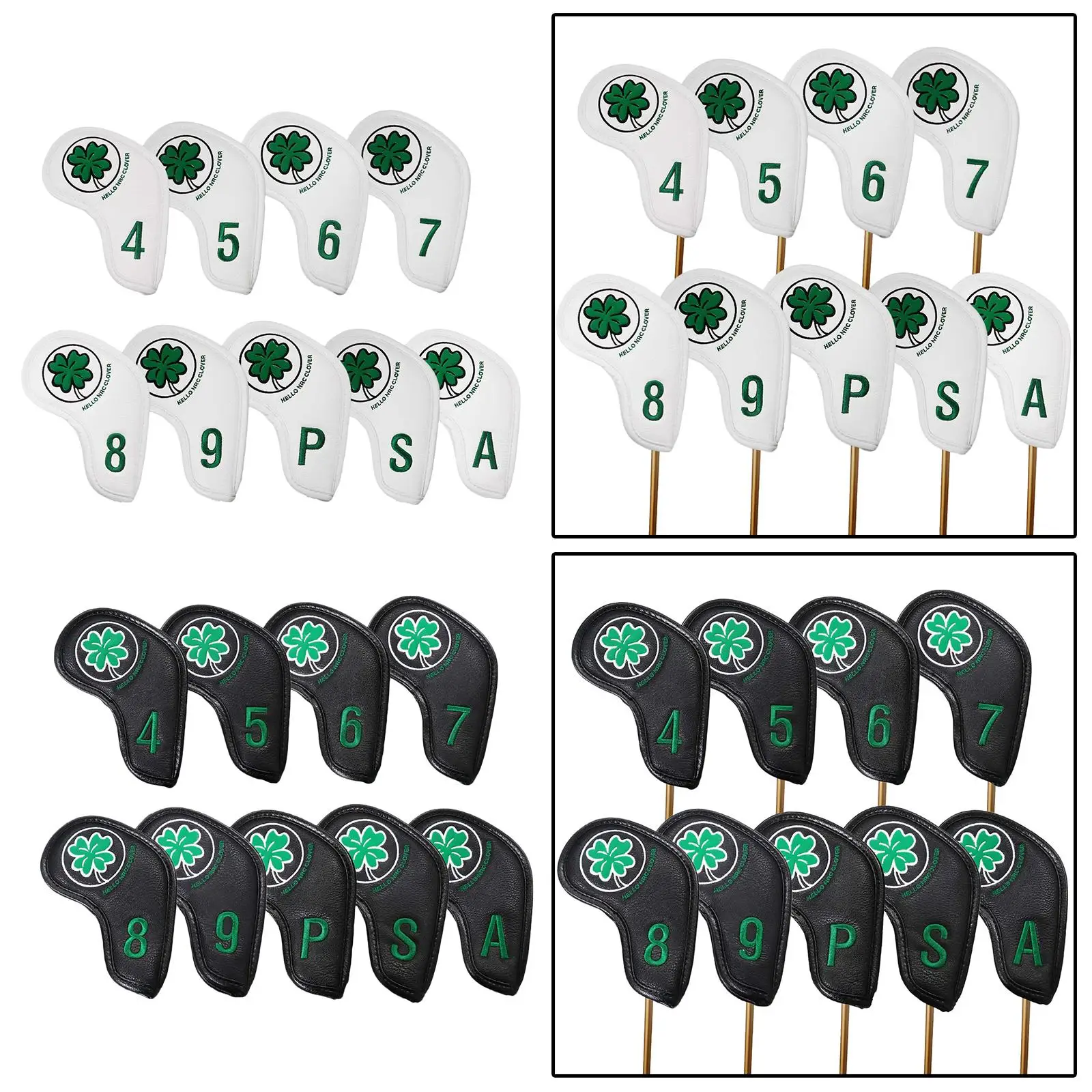 

9x Lucky Clover Pattern Golf Iron Head Cover with Numbers PU Club Headcover