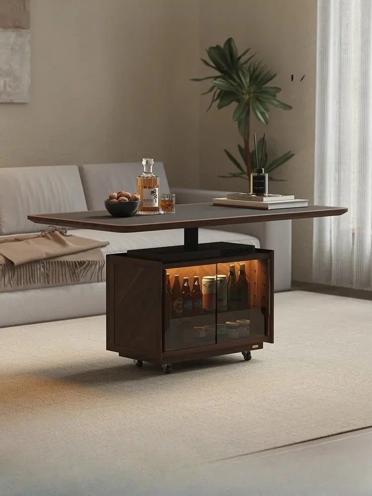 N Italian Minimalist Black Walnut Solid Wood Adjustable Coffee Table Living Room Home Small Apartment Mobile Tea Table