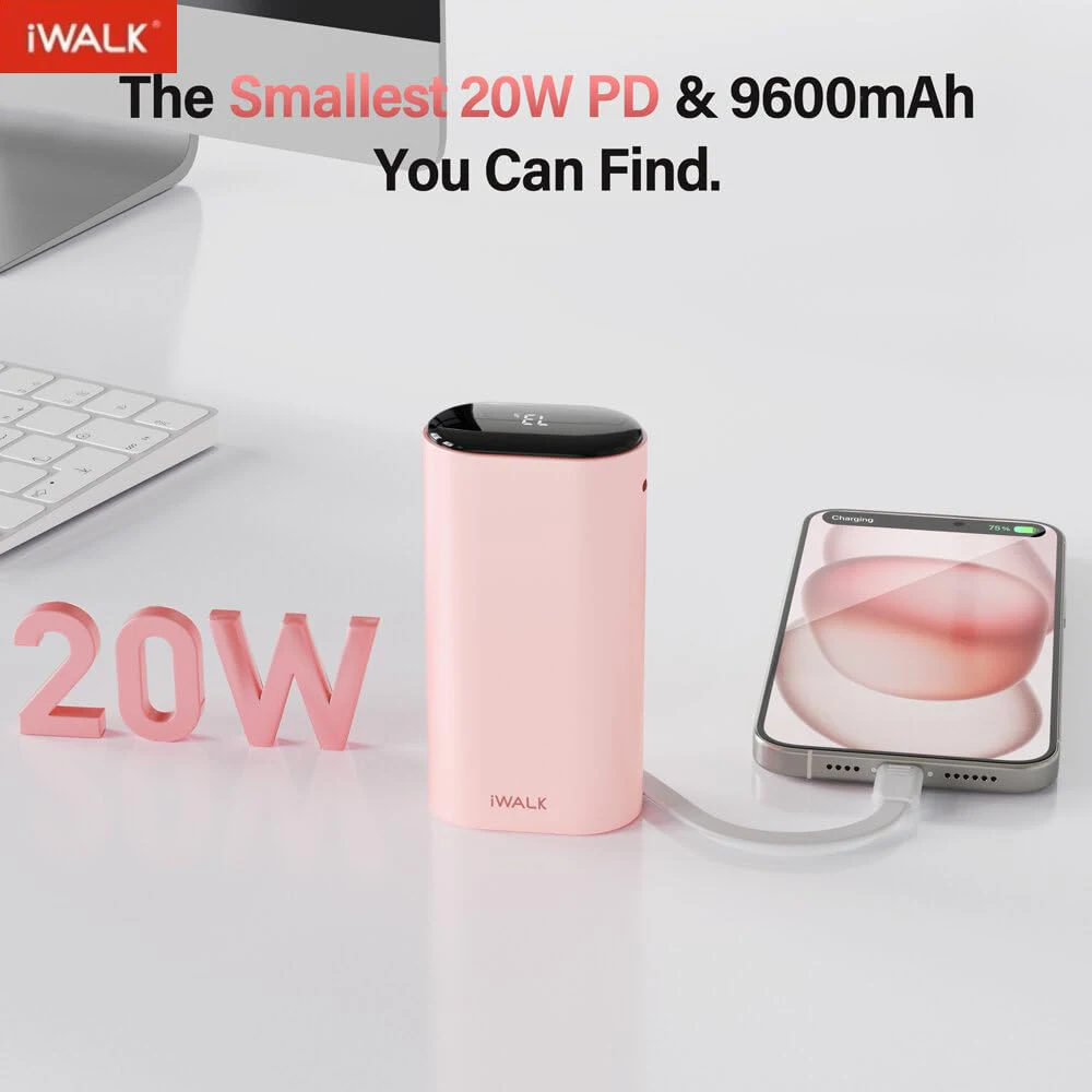 iWALK Portable Charger Fast Charging - 9600mAh 20W PD Power Banks with Built-in USB-C Cable External Battery Pack powerbank