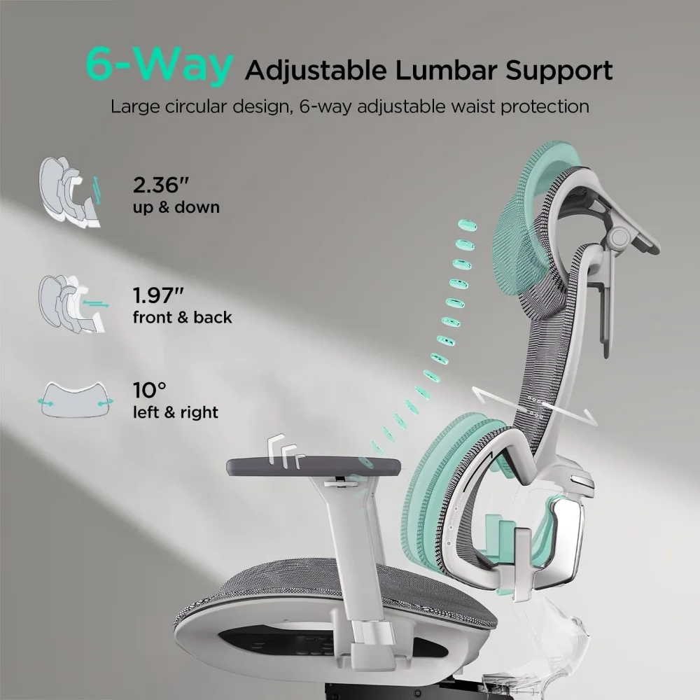 Silla de oficina ergonómica, silla de oficina de malla grande y alta con soporte lumbar dinámico de 6 vías, reposabrazos ajustables en 3D