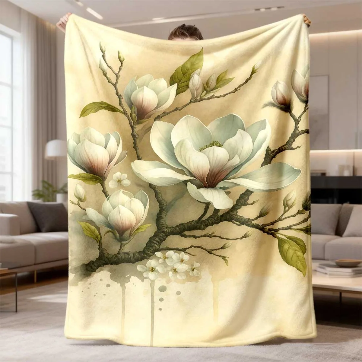 Elegant Magnolia Blanket Retro Watercolor White Magnolia Floral Flannel Throw Blanke  Aesthetic Vintage Botanical Warm Cover
