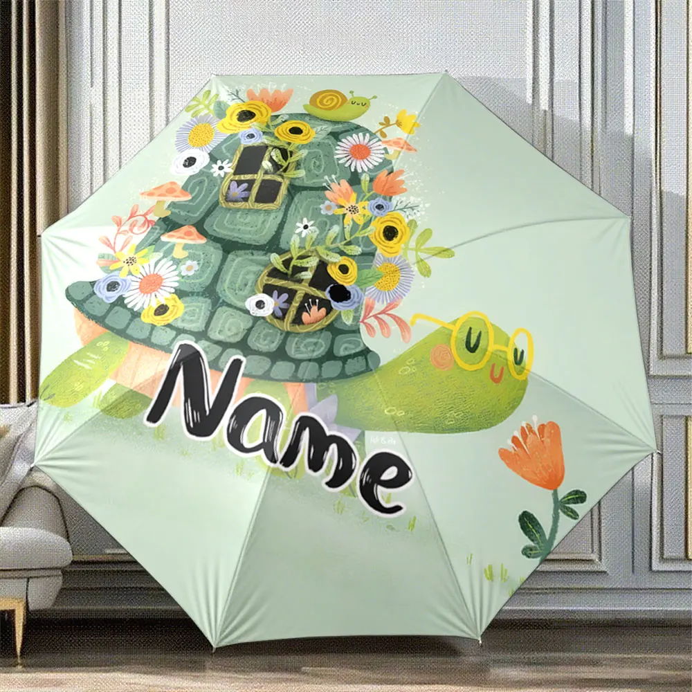 Custom Name Umbrella Cartoon Turtle with Floral Shell Design on Green Background Portable Folding Umbrella,Christmas Gift