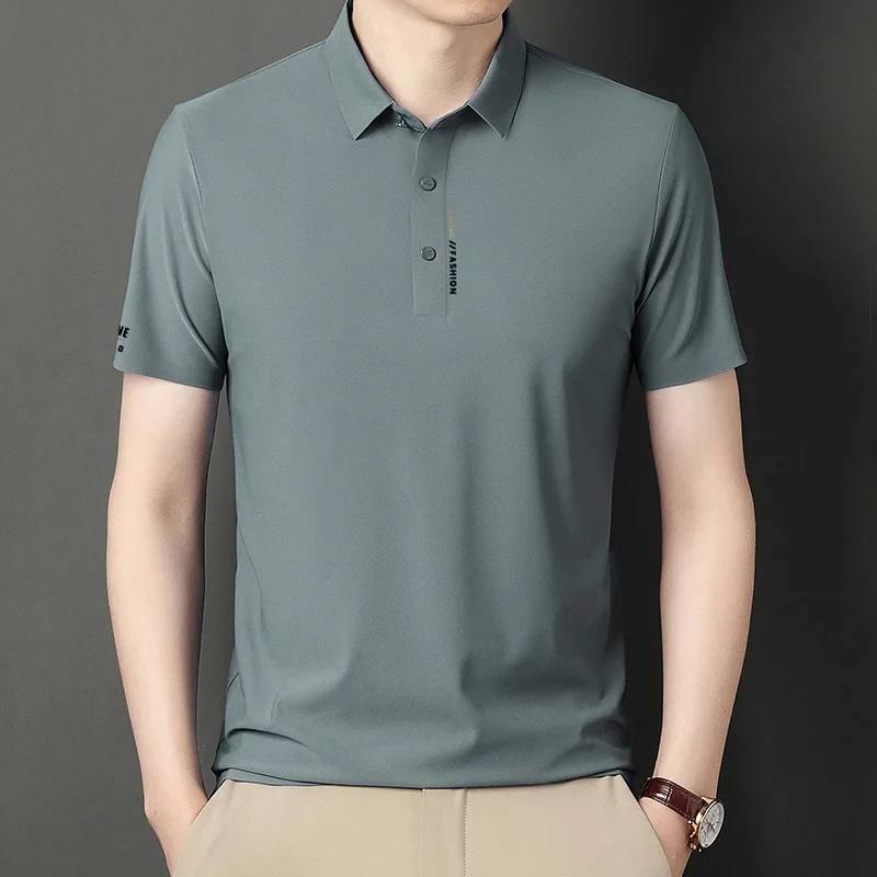 2024 New Summer Men Short Sleeve Polo Shirts Turn Down Collar Printed Breathable Ice Silk Stretch Quick Dry Casual Tops for Youn