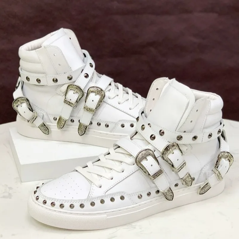 Belt Buckle Rivets High-top Shoes New Design Men Genuine Leather Visual-style Sneakers Dark Rock-style Ankle Boots