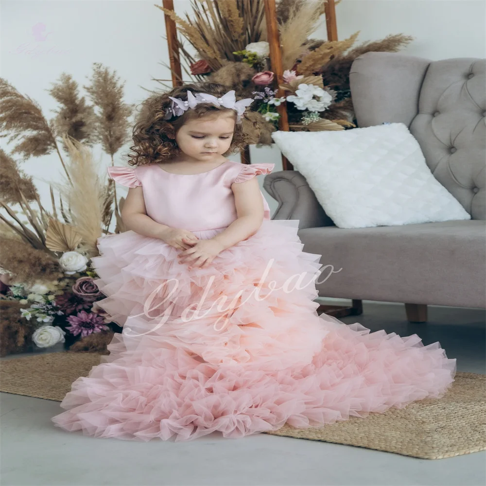 Fluffy Blush Pink Flower Girl Dress Asymmetrical Length With Train For Wedding  First Communion Birthday Party Girl Gown