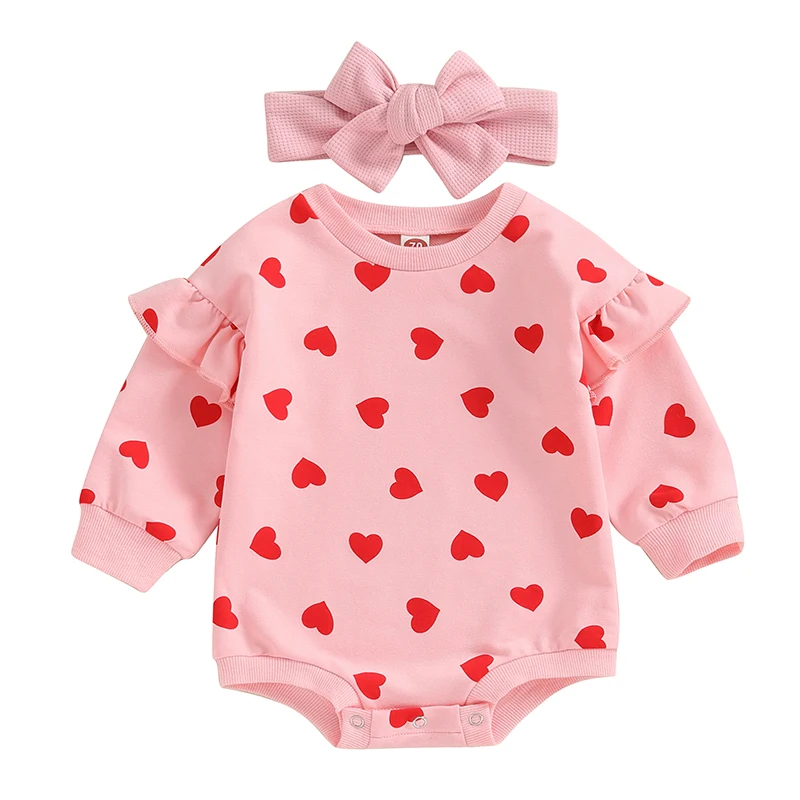 Valentine s Day Infant Baby Girl Outfits Ruffle Long Sleeve Heart Print Bodysuit Headband Set Autumn Clothes