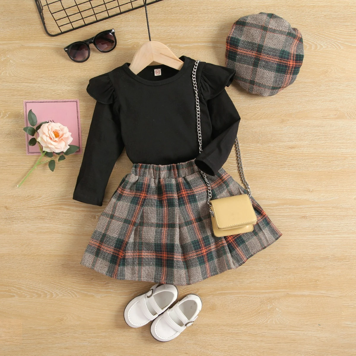 

Autumn Fashion Elegant Baby 3pcs Sets Puff Sleeve Solid Tops A-line Plaid Striped Kids Skirts with Hat