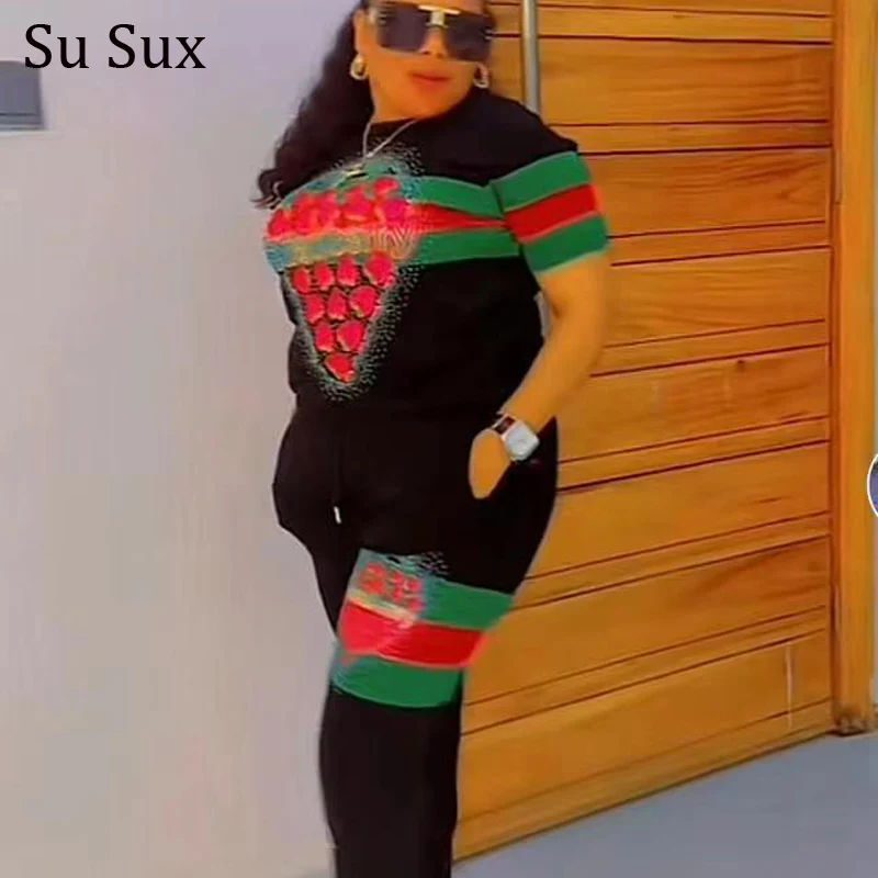 

Africa Clothing Knitted Pant Sets Women African Clothes For Women 2024 Spring Summer Strawberry Short Sleeve T Shirt Tracksuit