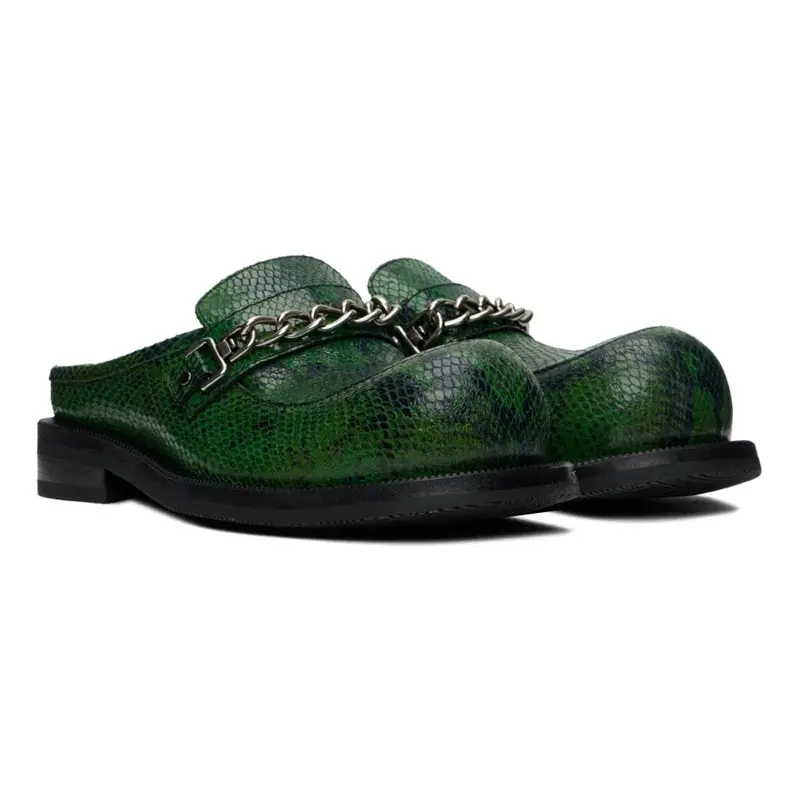 

Black Green Round Toe Chunky Flat Half Slippers Metal Button Chain Shoes Flat Man Shoes Slip-On Summer Comfortable Loafers