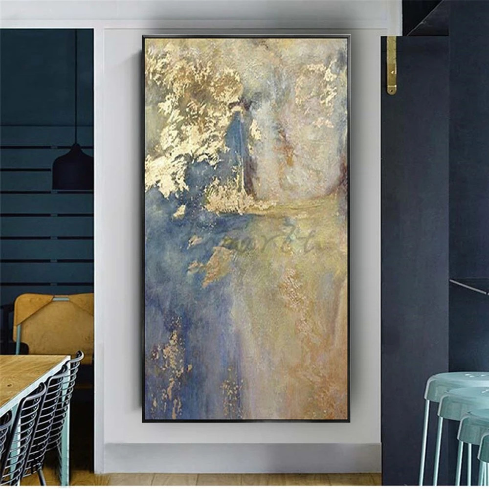 

Modern Abstract Gold Foil Ocean Blue Canvas Oil Painting Decor Living Room Bedroom Wall Art Pictures For Home Mural Artwork