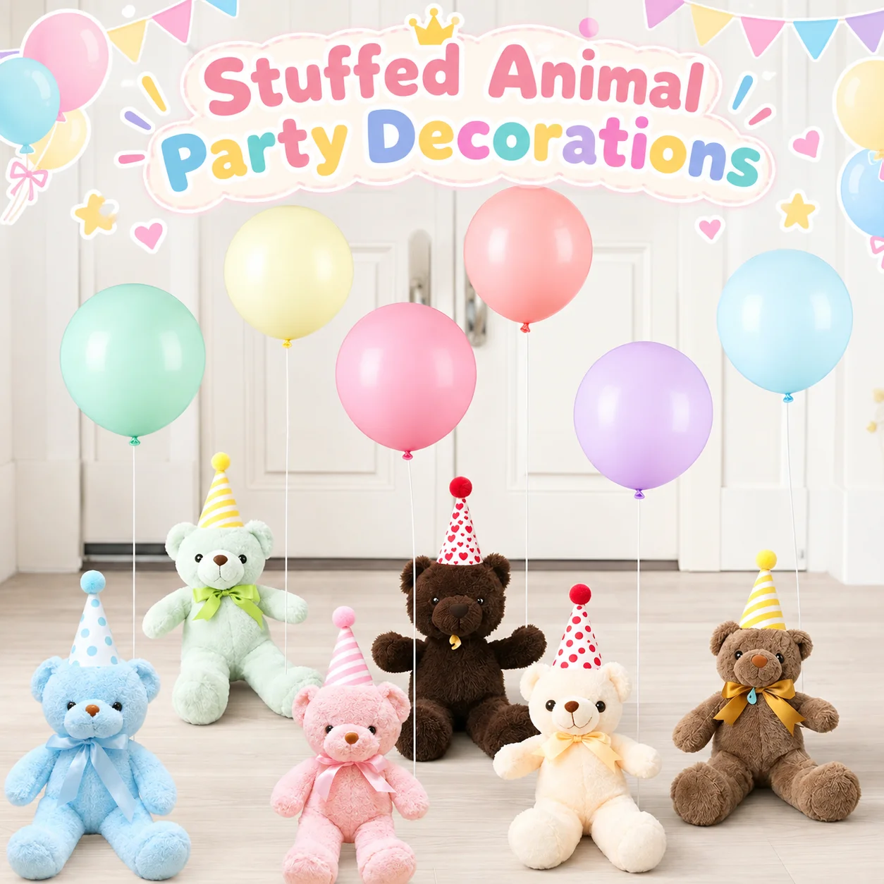 4-8Sets 9.8Inch Teddy Bear Stuffed Animal Mini Party Hats and Pastel Balloon Ribbon for Birthday Party Baby Shower
