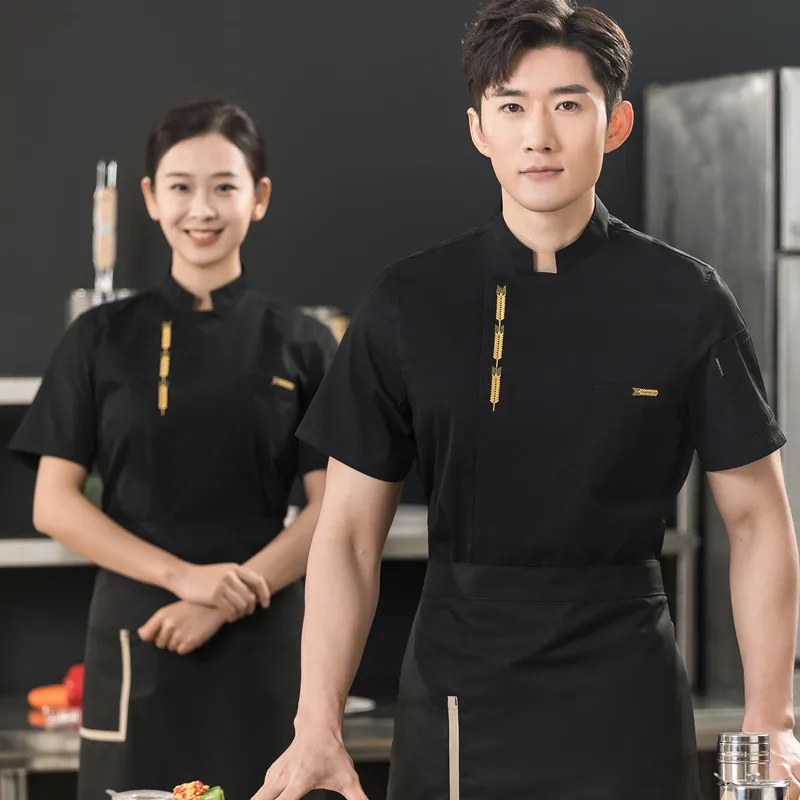 ホテルシェフ制服黒半袖レストランケーキベーキングキッチン食堂従業員夏通気性シェフジャケット男性用