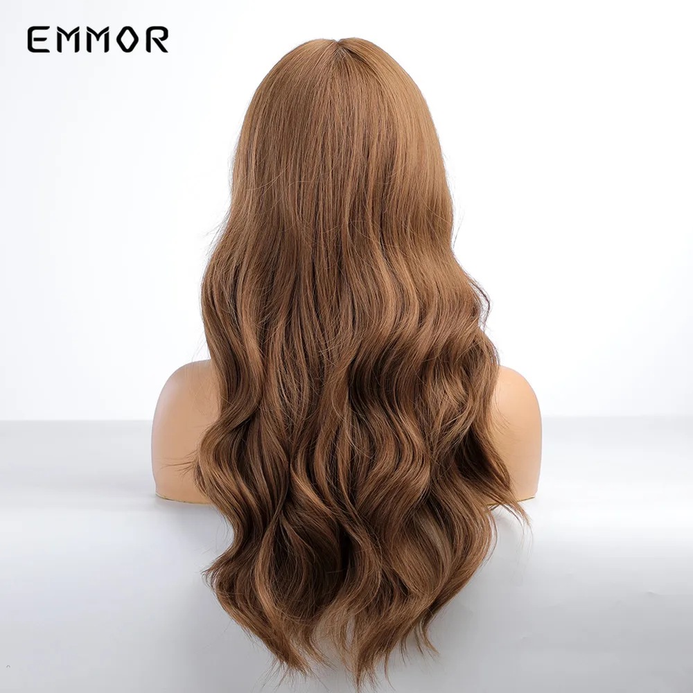 Emmor Synthetic Long Wavy Wigs with Bangs Cosplay Natural Ombre Brown to Dark Blonde Hair for Women High Temperature Fiber Wig