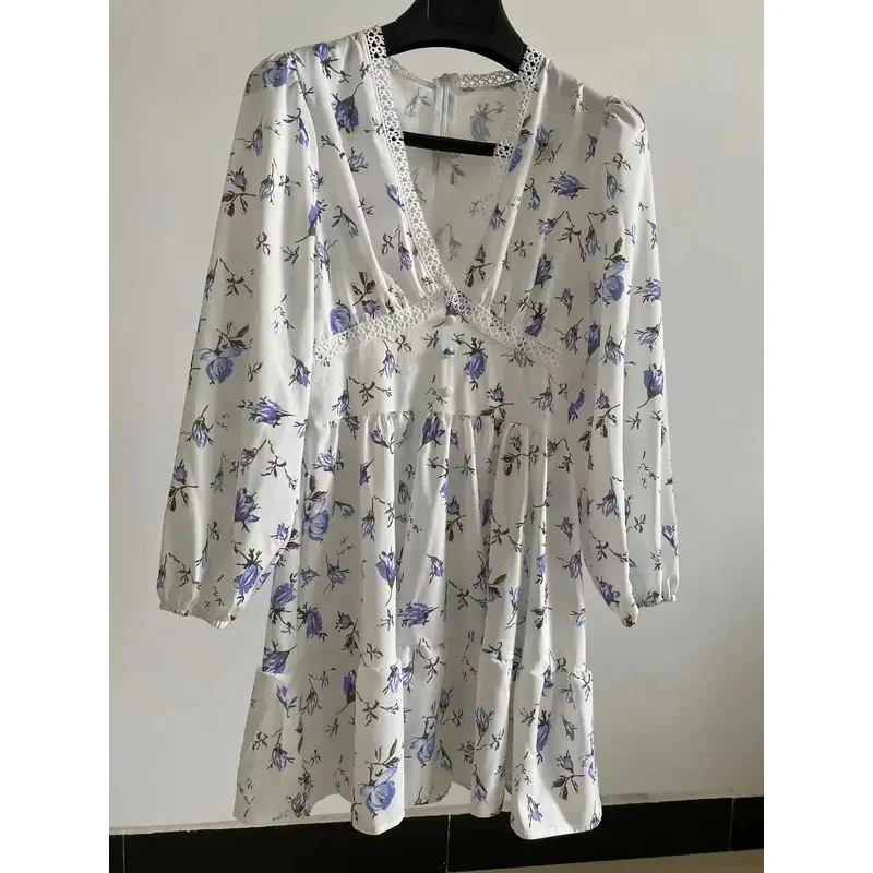 Mini abito da donna con stampa floreale a vita alta A-Line estate autunno manica lunga abiti con scollo a V abiti casual da vacanza al mare vintage