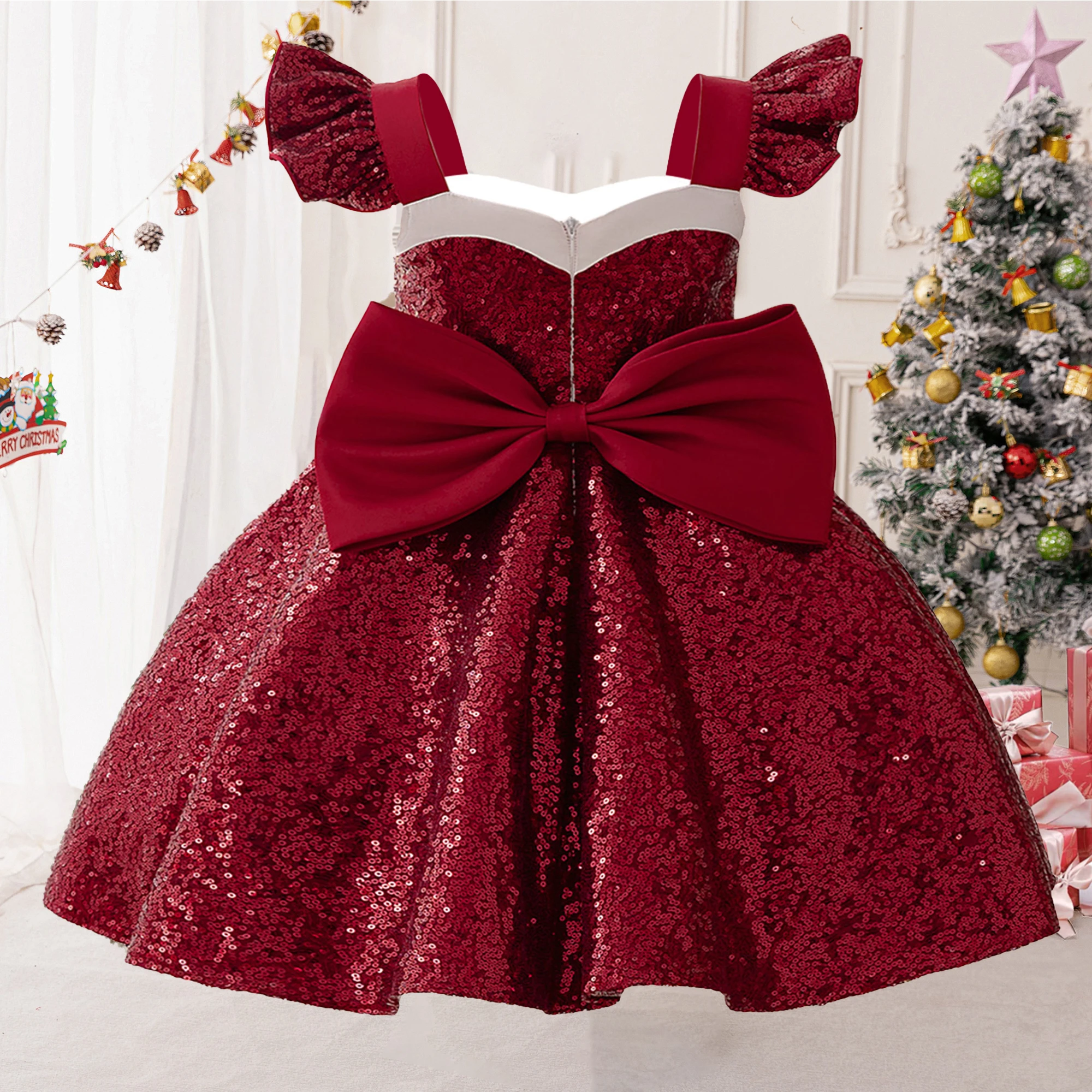 Elegant Red Sequin Christmas Costume for Girl Bow Wedding Bridemaid Princess Party Girls Dress Birthday New Years Kids Clothing