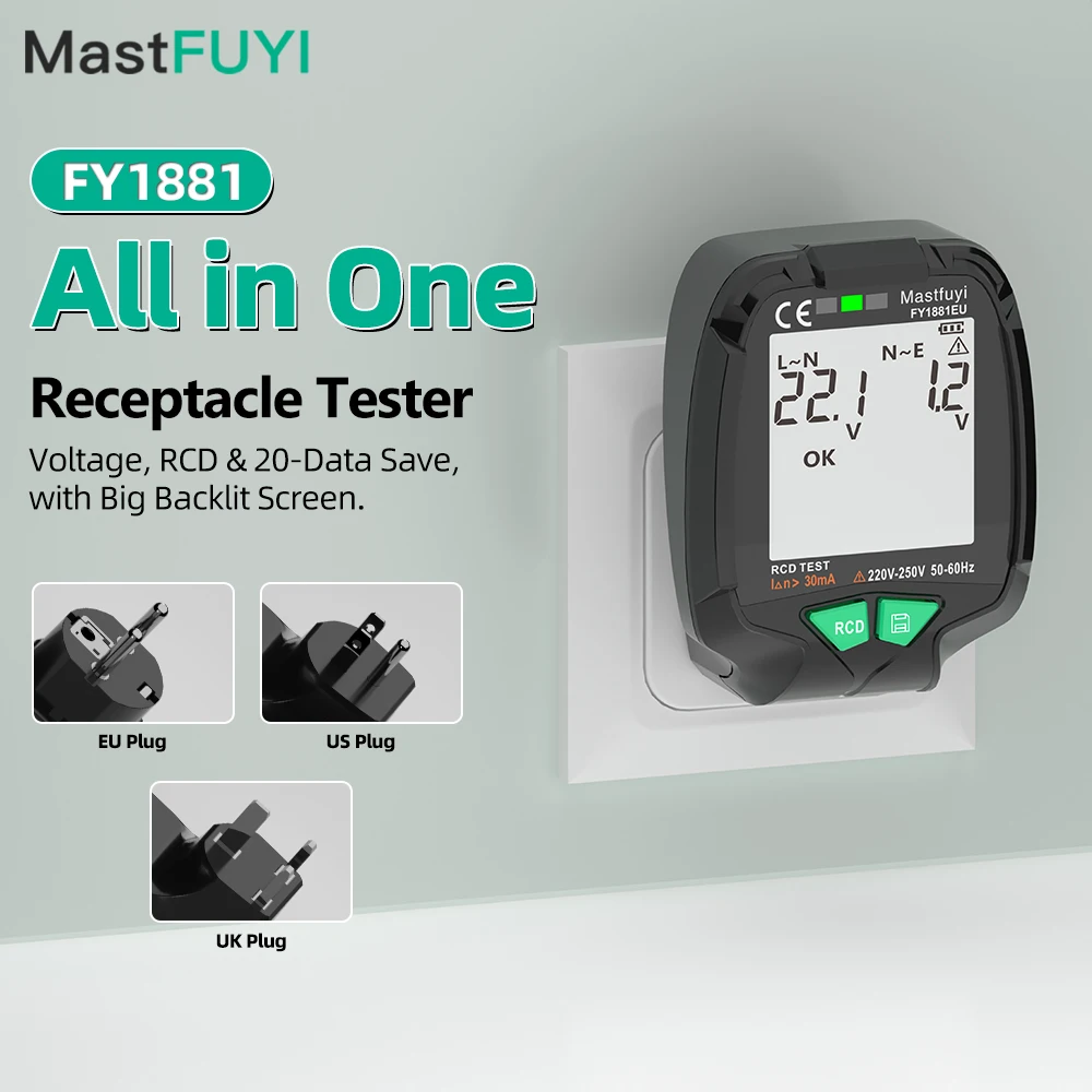 

MASTFUYI FY1881 Socket Tester Voltage Test RCD 30V-250V Socket Detector EU/US/UK Plug Ground Zero Line Plug Polarity Phase Check