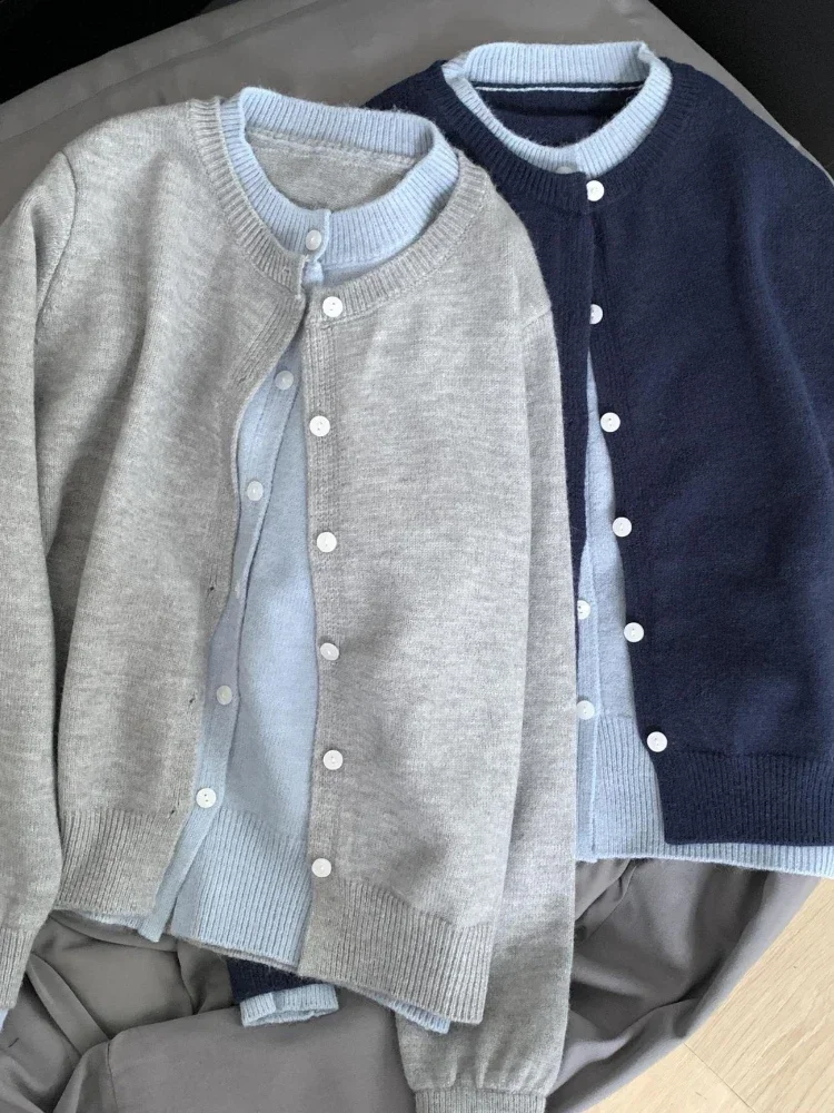 Autumn False Two-piece Knitted Cardigan Round Neck Color-blocking Design Cardigan Women Fashion Single-breasted Grey Cardigan