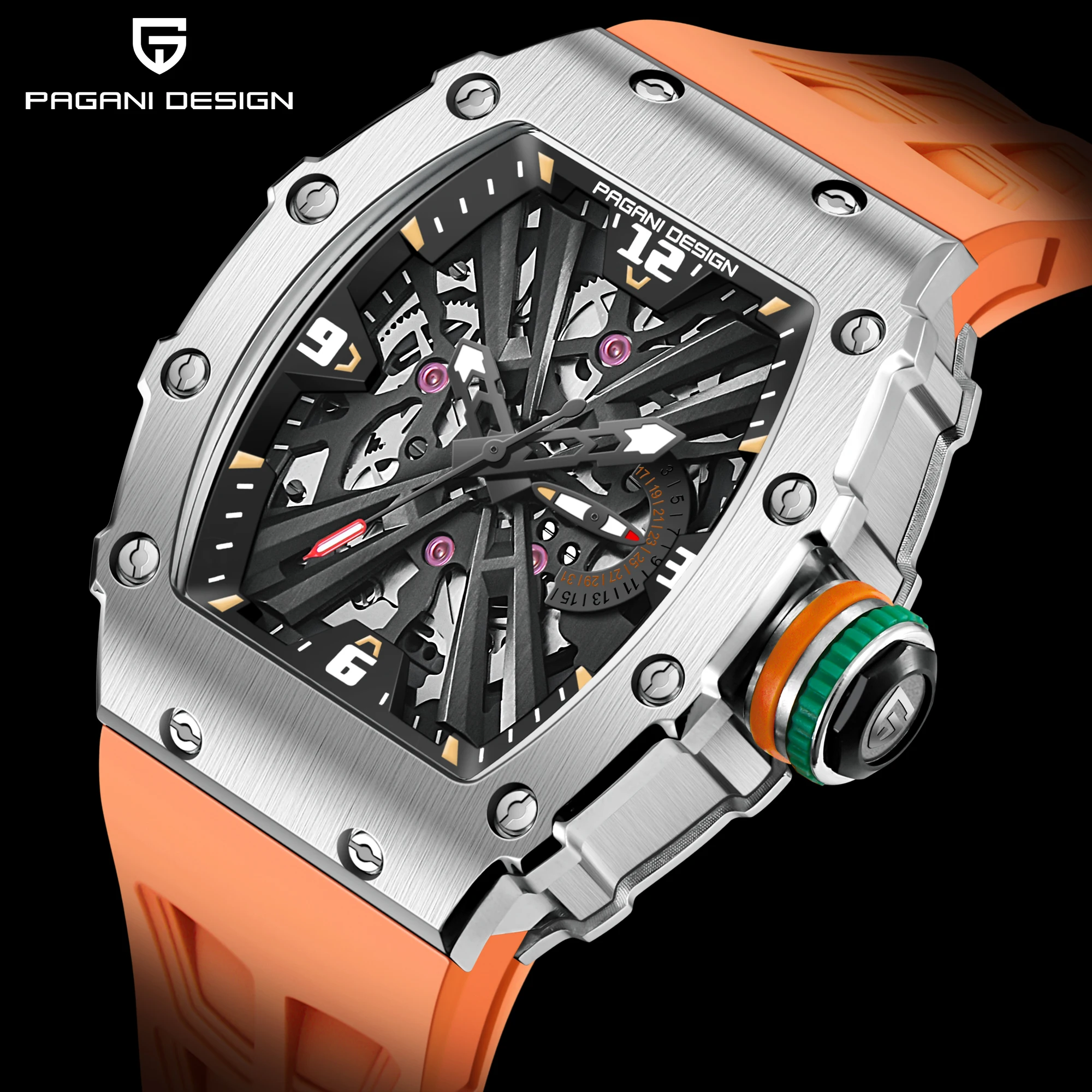 Pagani Design Men's Skeleton Watch Japan VH65 Quartz Rubber Strap Synthetic Sapphire Glass Tonneau Sport man Watch PD1738
