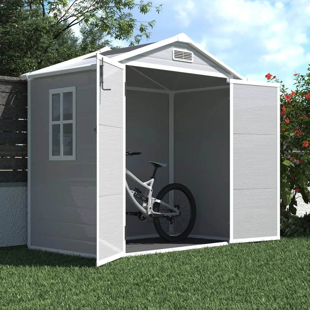 6x4ft Resin Shed with Floor, Plastic Sheds & Outdoor Storage Clearance with for Patio Furniture, Garden Tools,  and Lawn Mower