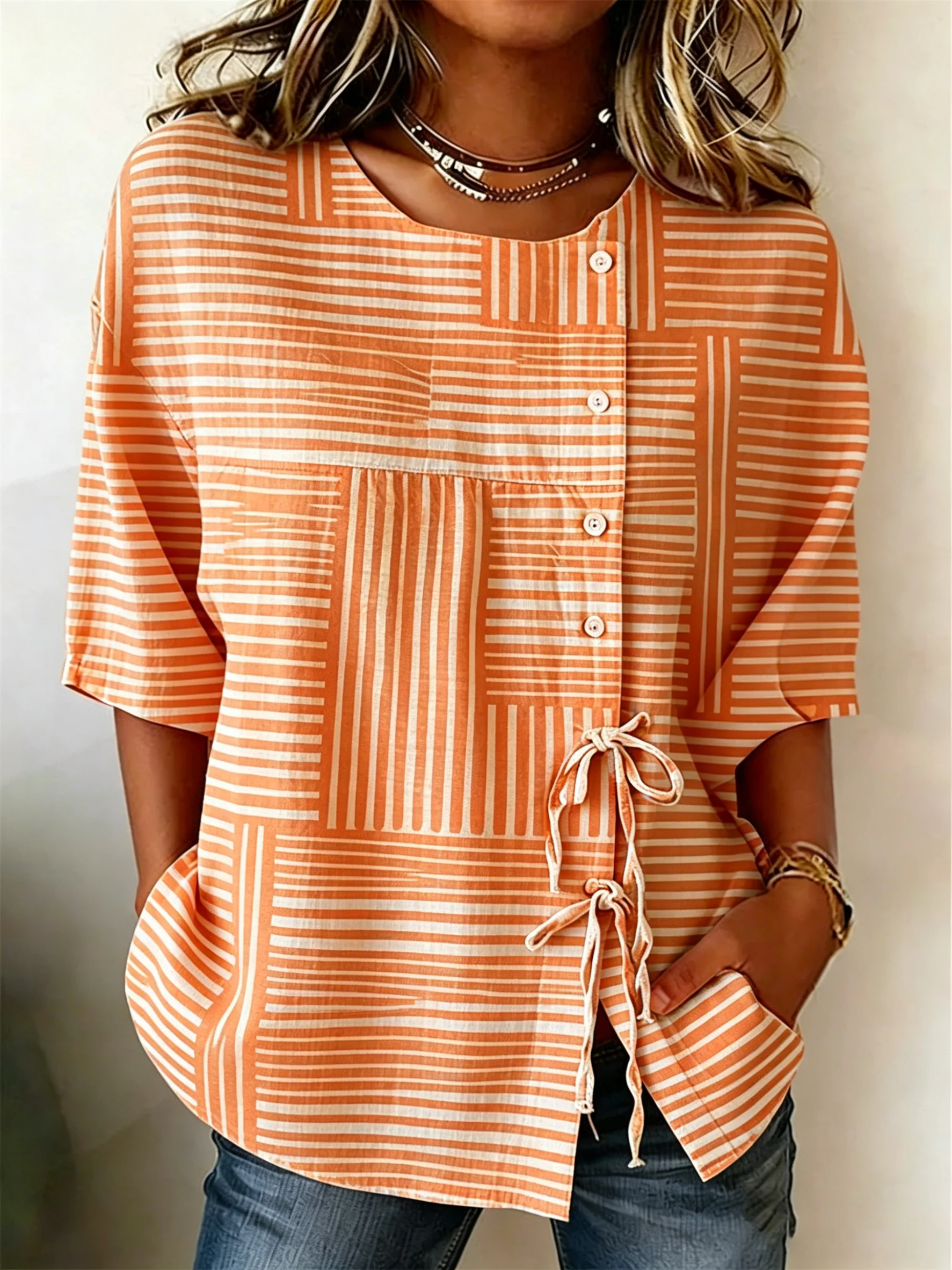 

Women's Orange White Geometric Stripe Print Button & Tie Front Blouse, Casual Stylish Top for Spring Summer Daily Wear